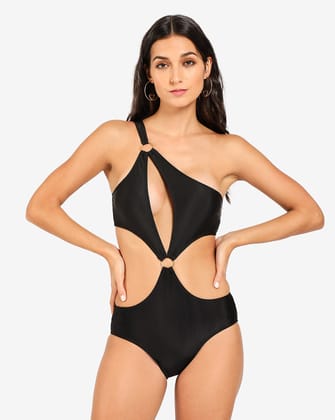 Black Solid Cut-Out Swimsuit-S