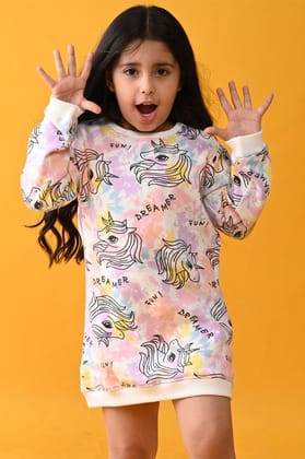 UNICORN TIE DYE FLEECE SWEATSHIRT DRESS - WHITE-0-6 MONTHS / 1N / WHITE