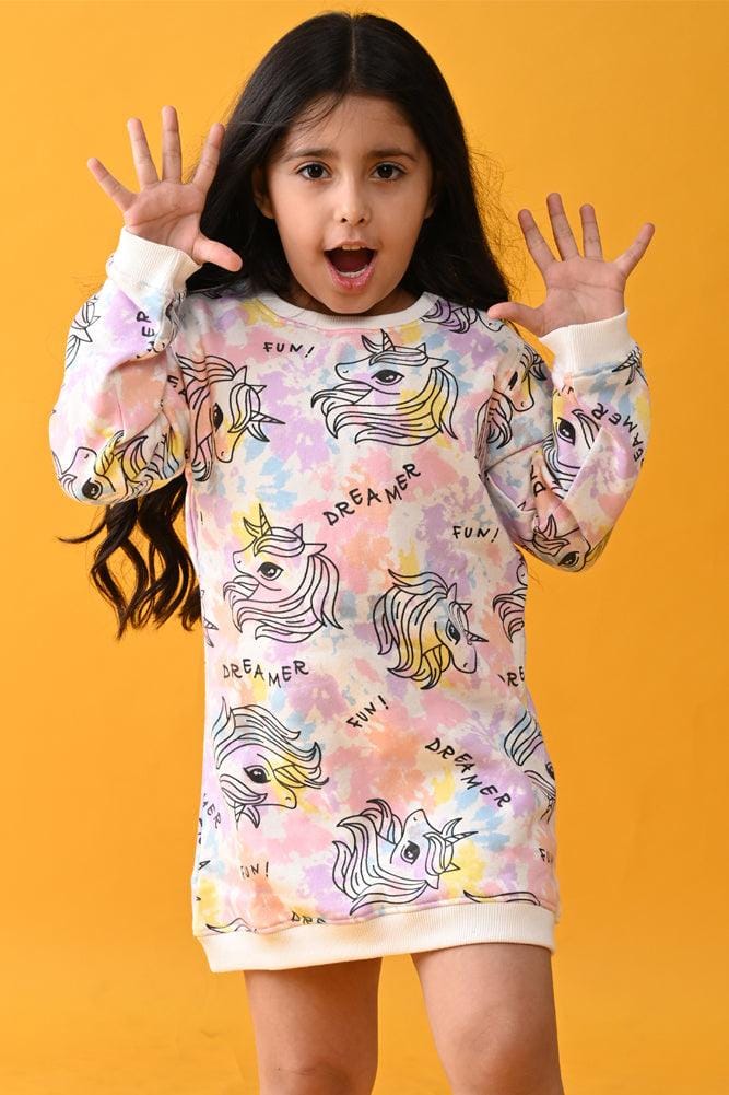UNICORN TIE DYE FLEECE SWEATSHIRT DRESS - WHITE-0-6 MONTHS / 1N / WHITE