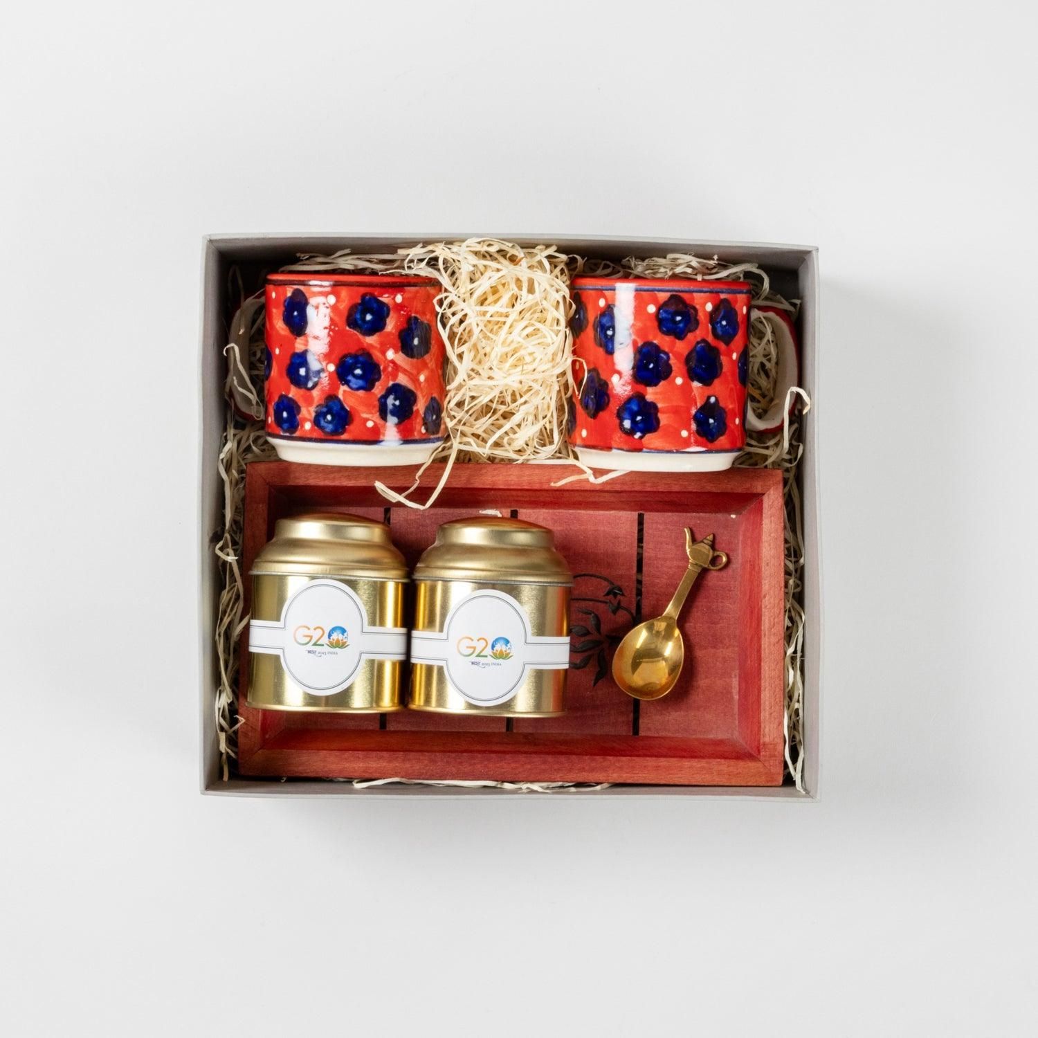 Eyaas Gift Set of Serving Tray, Tea Cups, Spoon And Two Tea Jars