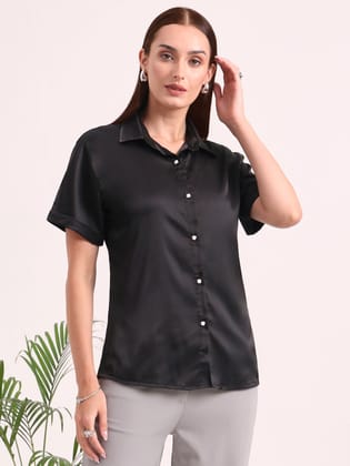 Women's Short Sleeve European Satin Shirt-M