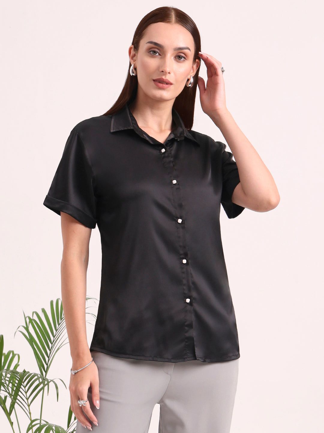 Women's Short Sleeve European Satin Shirt-M