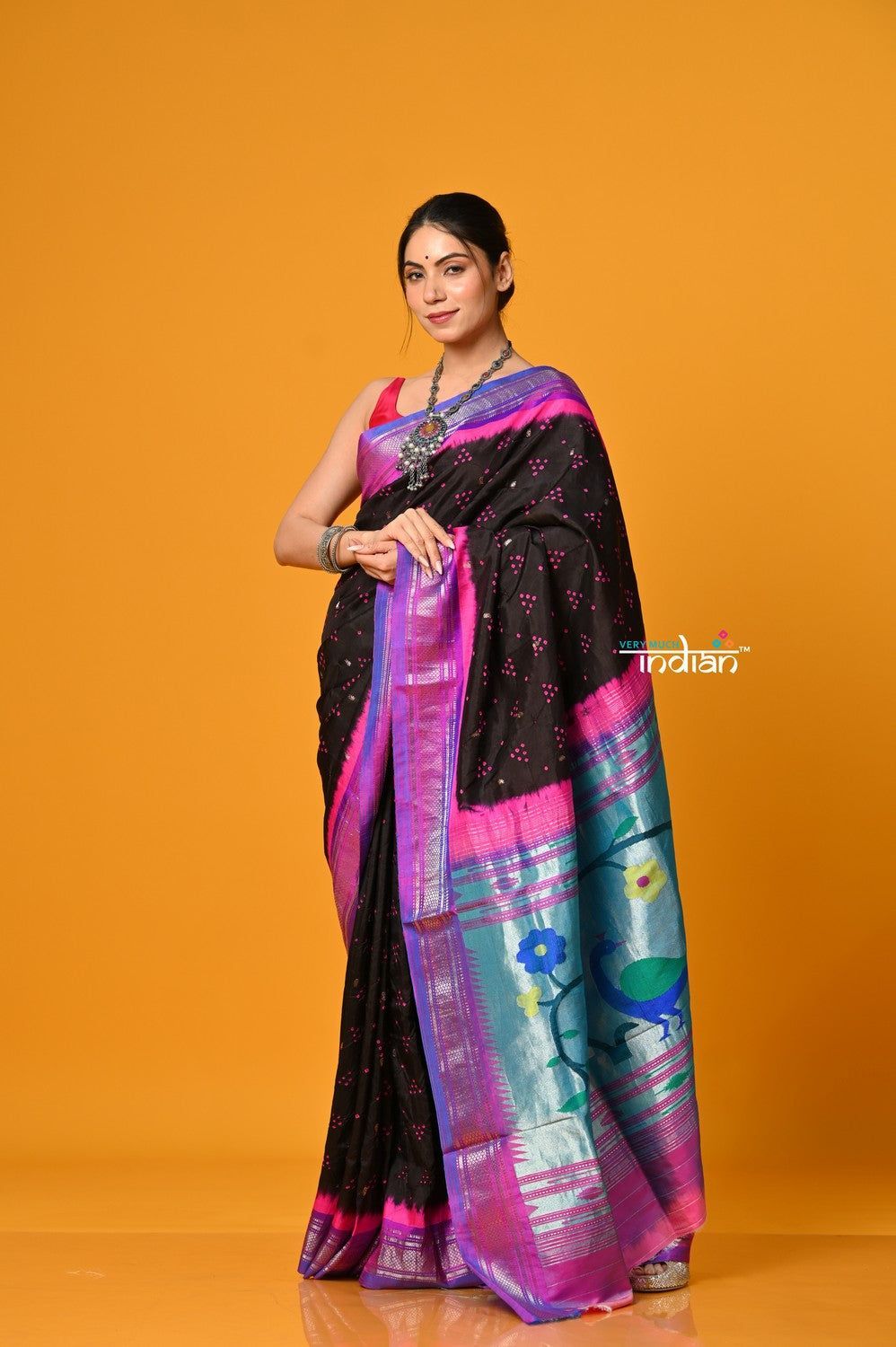 Param Sundari ~ Handloom Pure Silk Paithani with All Over Hand Bandhani in Black with Peacock Pallu
