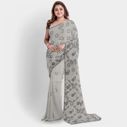 TheHangr Dual Thread Hand Embroidered Grey Georgette Lucknowi Chikankari Saree With Blouse