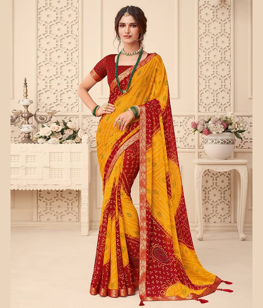 Satrani Chiffon Printed Saree With Unstitched Blouse Piece ( Pink )