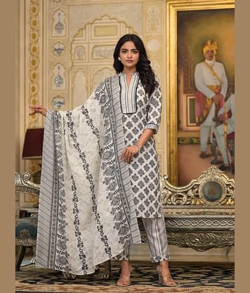 Juniper Cotton Printed Kurti With Pants Women's Stitched Salwar Suit - White ( Pack of 3 )
