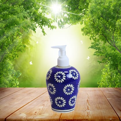Khurja Pottery Dispenser Big Blue White Flower  | Hand Paited Ceramic Liquid Soap Dispenser with Pump| Bathroom Liquid Soap Dispenser |Kitchen Liquid Soap Dispenser