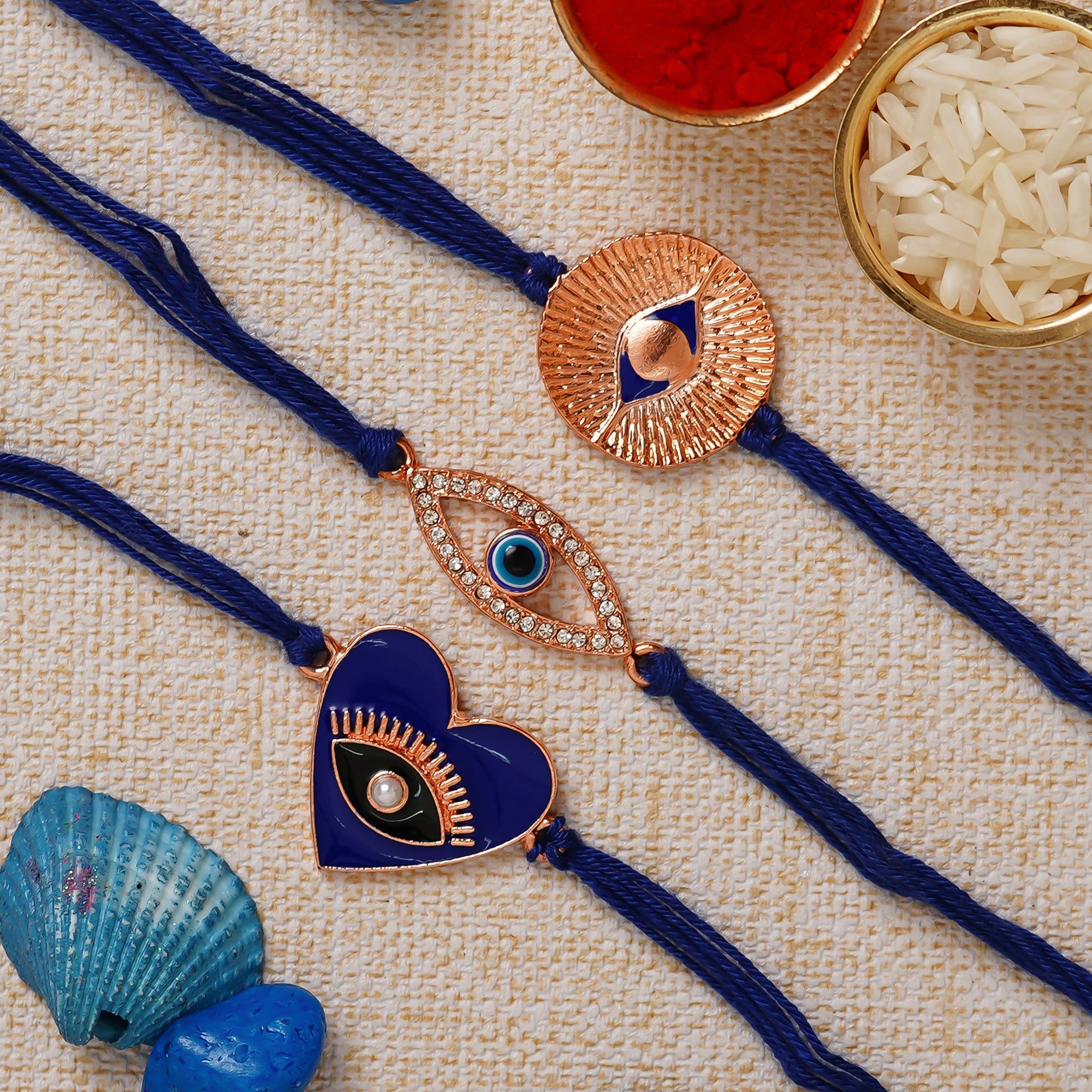 Blue Evil eye Pack of 3 Designer Rakhis and Roli Chawal Pack