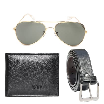 Random Artificial Leather Belt, Black Wallet and Golden Green Aviator Sunglass Combo for Men
