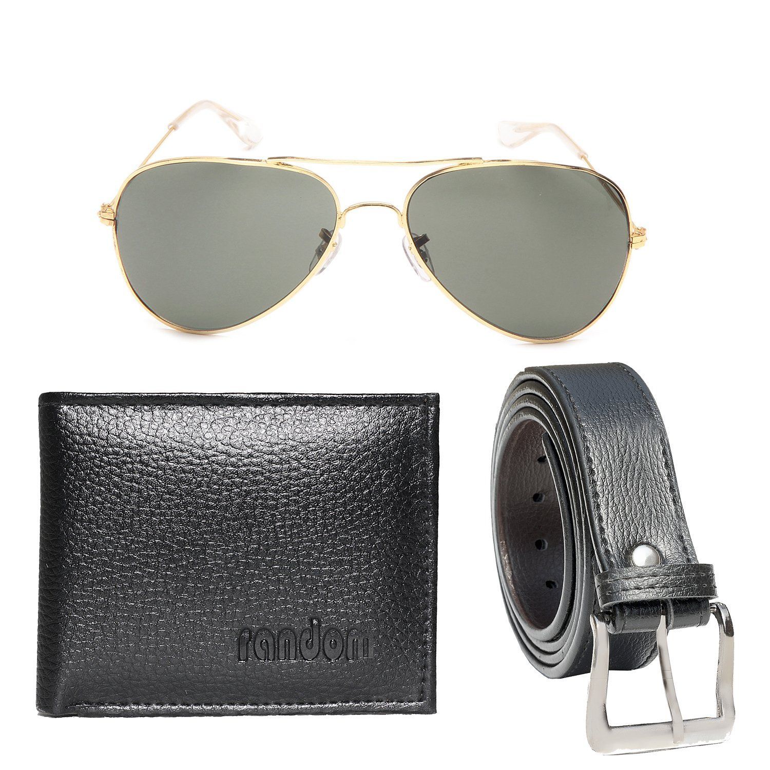Random Artificial Leather Belt, Black Wallet and Golden Green Aviator Sunglass Combo for Men