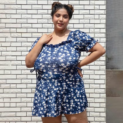 Floral print swim dress with puff sleeves with Shorts