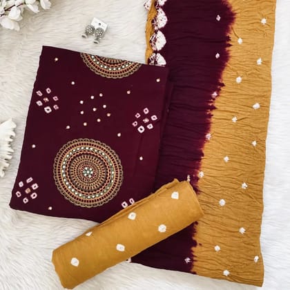 Cotton Mirro Thread work Contrast Bandhani Material (Unstitched)-Maroon-Yellow