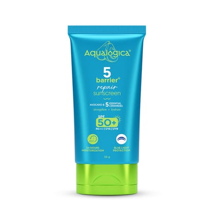Aqualogica 5 Barrier+ Repair Sunscreen with Avocado & 5 Essential Ceramides | SPF 50 PA++++ | UVA/B & Blue Light Broad Spectrum Protection | Strengthens Skin Barrier | 24 Hr Moisturization | Fragrance Free | 50 g Aqualogica 5 Barrier+ Repair Sunscreen wi