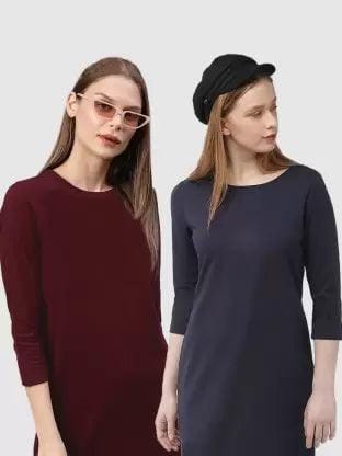 Women Night Dress 3/4 Sleeve Combo  (Maroon, Blue)-S