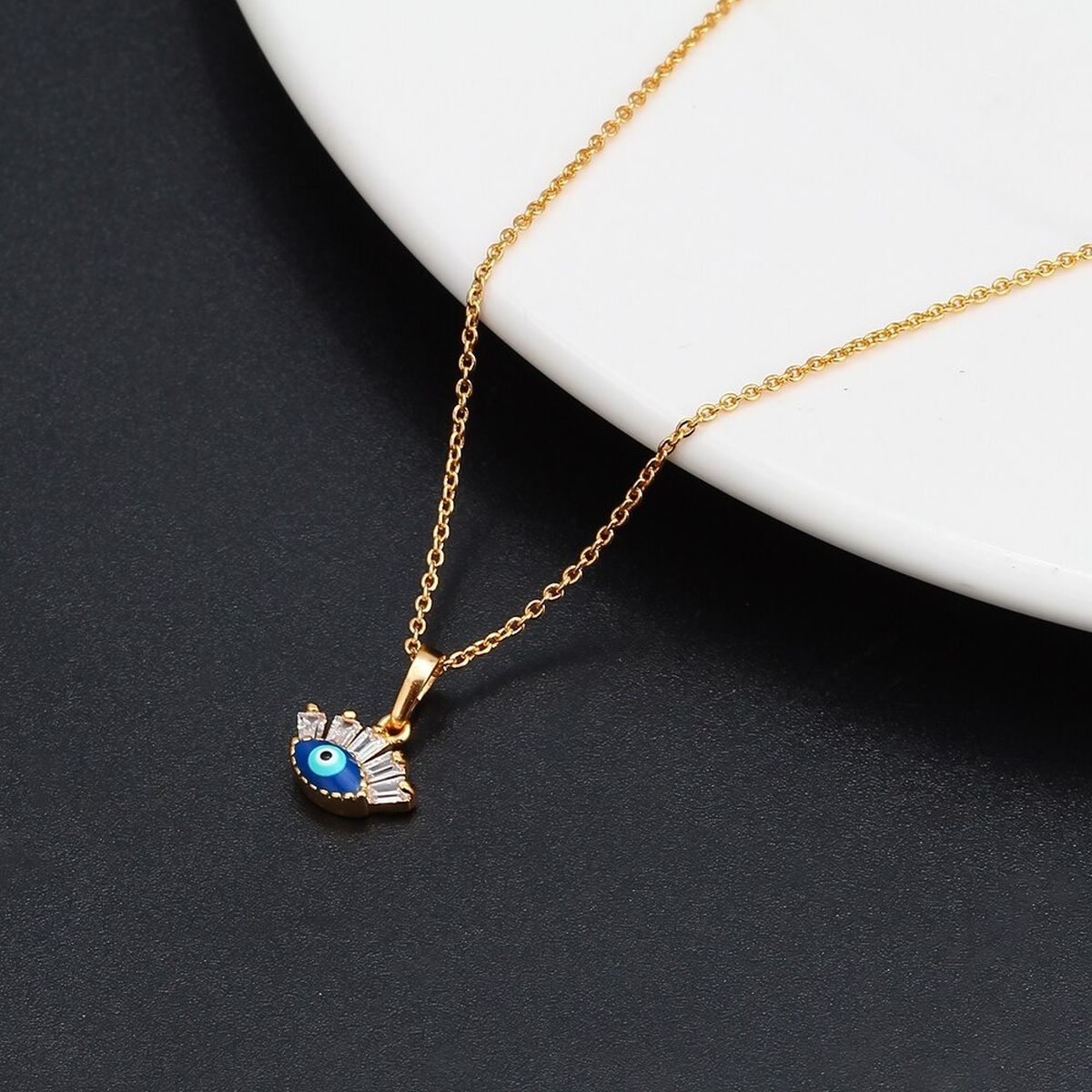 Turkish Evil Eye Blue Enamel Necklace Pendant Chain-Blue