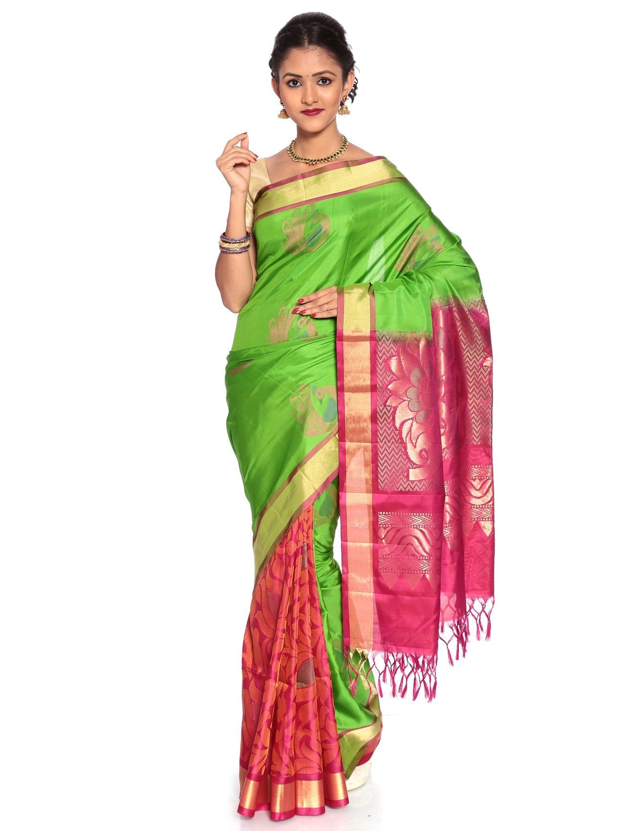 Pink-Green Patli Pallu Saree - Kanchipuram Silk Saree | Patli Saree