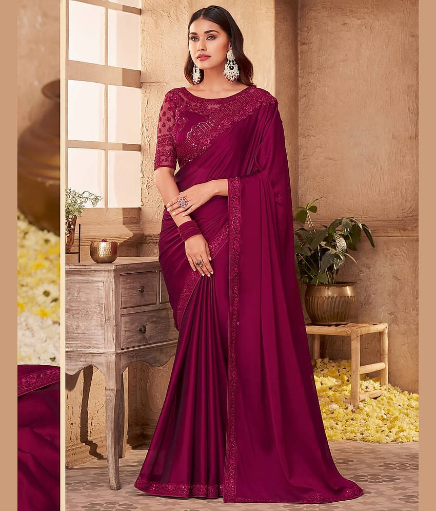 Satrani Georgette Solid Saree With Unstitched Blouse Piece ( Maroon )