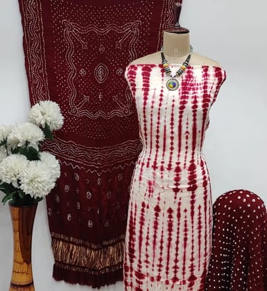 Modal Ghazi Silk White Concept Bandhani Dress Material with Ladgi patta Dupatta-Maroon