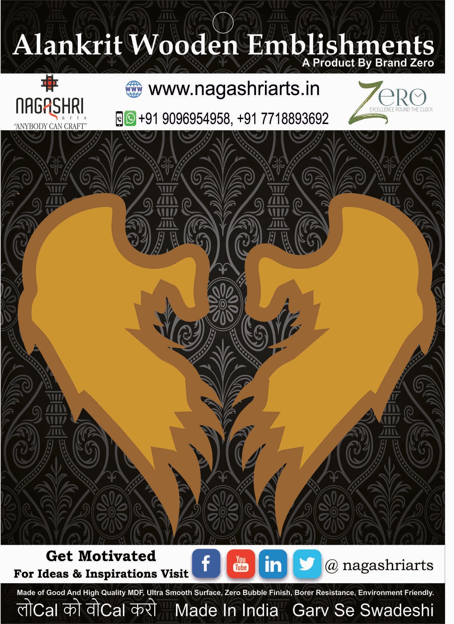 Brand Zero MDF Angle Feather Coaster With Border Frame D1 - Pack of 2 Pairs