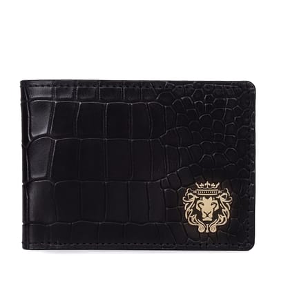 Luxurious Men's Bi-Fold Wallet Black Croco Textured Leather-FS