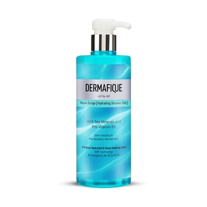 Dermafique Aqua Surge Shower Gel 500ml, Body Wash for Women & Men, 24 hrs Hydrated & Dewy skin, No Parabens/SLS/SLES, with Pro Vitamin B5 & NMF, Sensitive, Dry, Oily, Normal Skin | Dermat Tested Dermafique Aqua Surge Shower Gel 500ml, Body Wash for Women