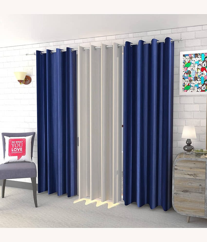 Kraftiq Homes Solid Semi-Transparent Eyelet Curtain 9 ft ( Pack of 3 ) - Blue