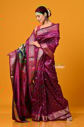 Param Sundari EXCLUSIVE~ Regal Allure – Handloom Pure Silk Wine Maharani Paithani Saree with Silver Zari