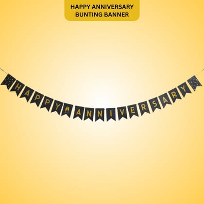 Happy Anniversary Black & Golden Triangular Bunting Banner - 9FT - 16PC