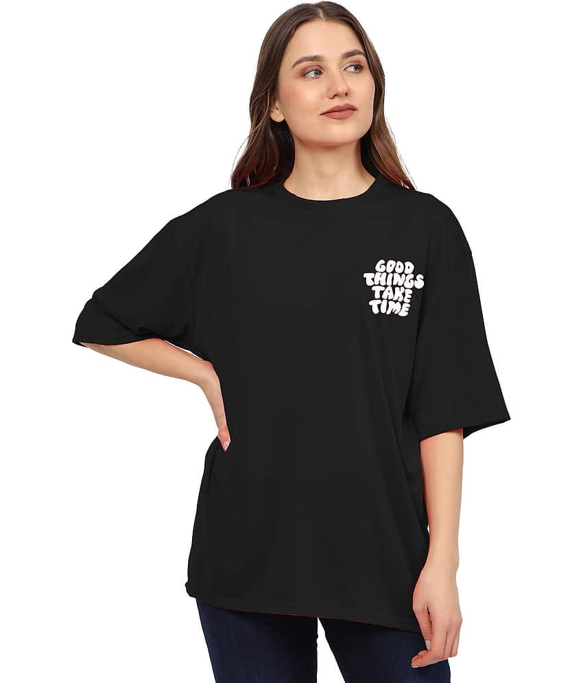 TQH Women Cotton Blend Oversized Fit Round Neck T-Shirt ( Black )