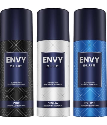Envy Blue Exude, Vibe & Sigma 165 ml Each Deodorant Spray for Men 495 ml ( Pack of 3 )