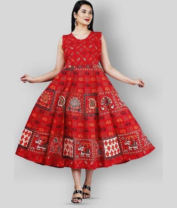 G4Girl - Red Anarkali Cotton Women's Stitched Ethnic Gown ( Pack of 1 )