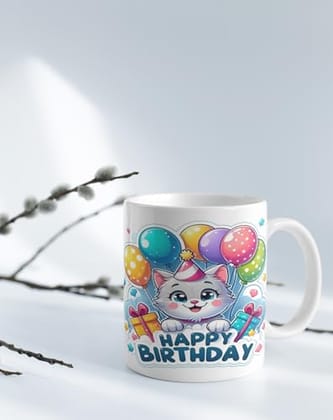 The Magical Gifts Birthday Theme Printed Mug 325ml | Cute Cat Design with Balloons & Gifts | Best Birthday Gift for Kids Boys Girls Friends Family on Special Celebrations