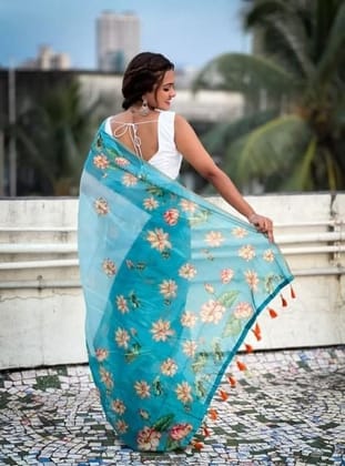 DARSHANS Women's Linen Printed Saree With Unstitched Blouse 5.5Mtr (Aqua)-PID65204 DARSHANS Women's Linen Printed Saree With Unstitched Blouse 5.5Mtr (Aqua)-PID65204