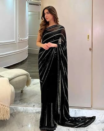 Black Georgette Saree with Sequence Work  by SHIV TEXTILES