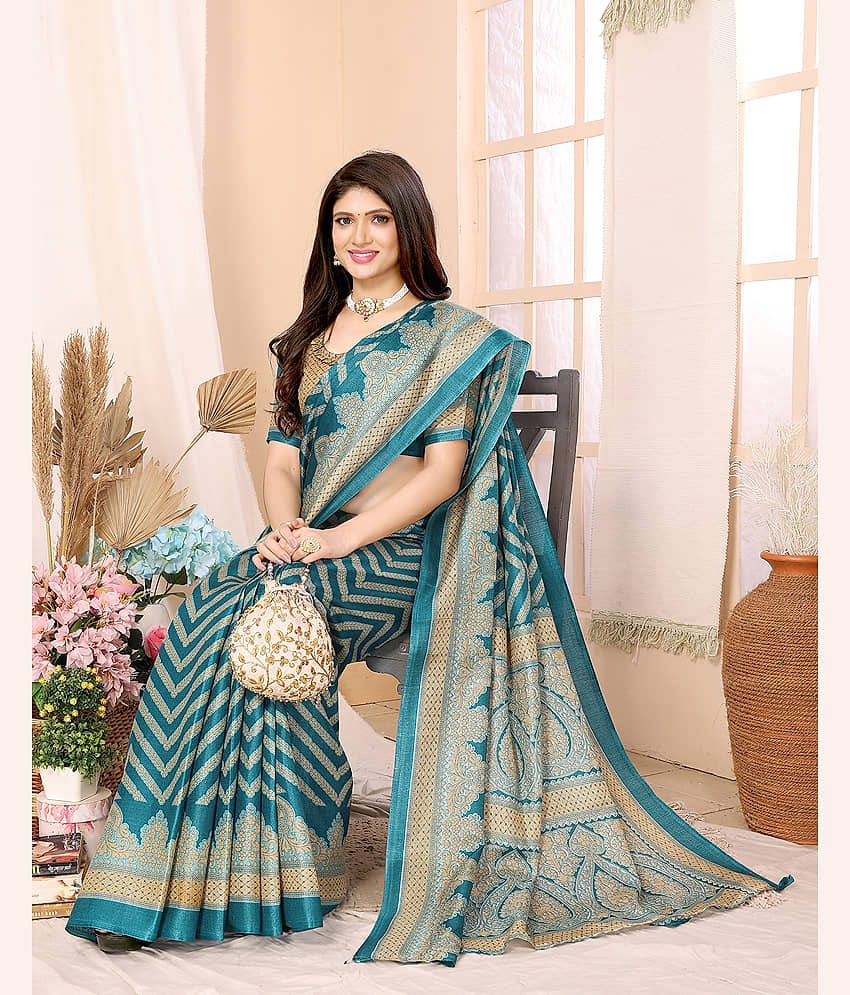 Yashika Art Silk Printed Regular Saree With Unstitched Blouse Piece ( Blue )