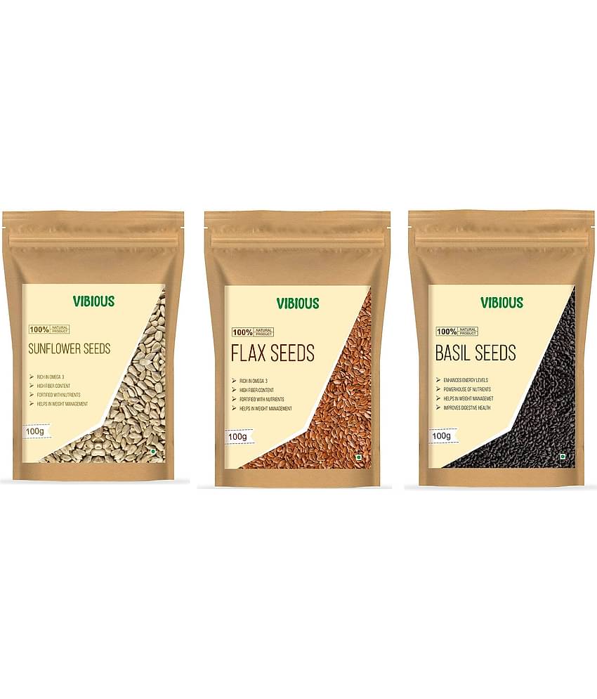 VIBIOUS Premium Grade Combo pack of 3 Edible Raw Seeds of Basil, Flax & Sunflower 300g(100gX3)