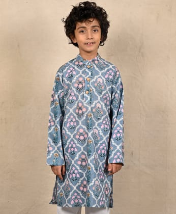 SKY BLUE FLORAL PRINT PURE COTTON KURTA - SKY BLUE-2-3 YEARS / 1N / SKY BLUE