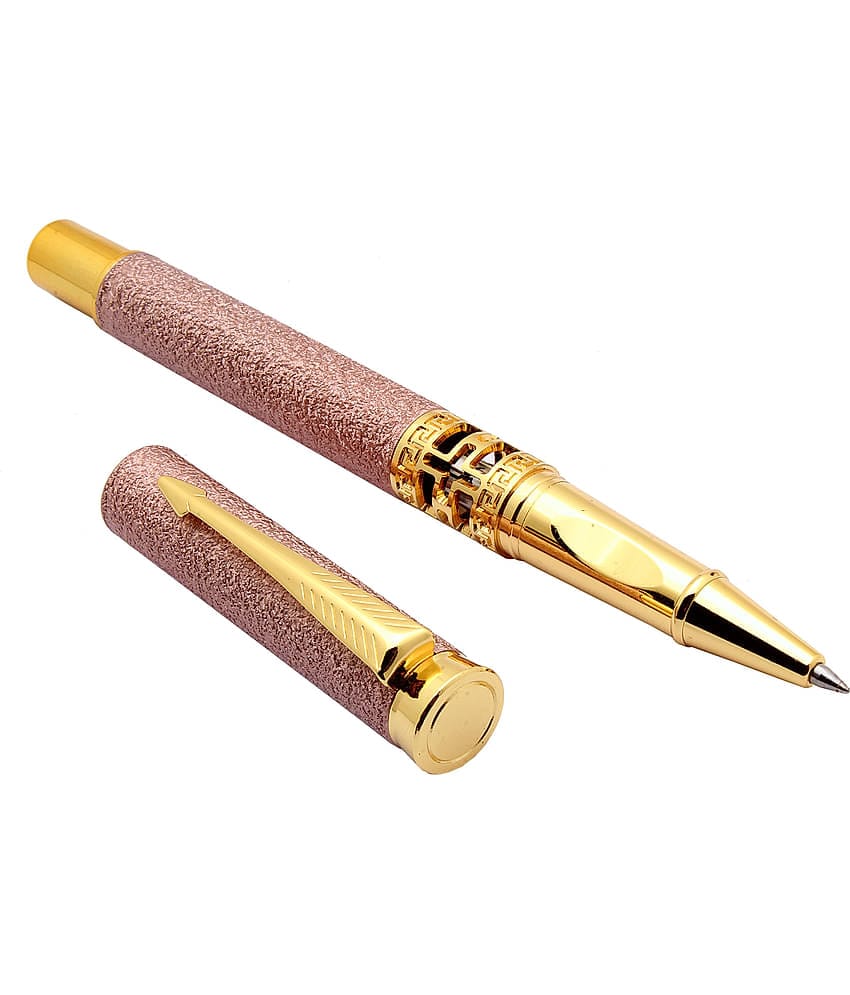 Srpc Luoshi 3217 Matte Rose Gold Rock Finish Metal Body Arrow Clip Rollerball Pen Blue Refill