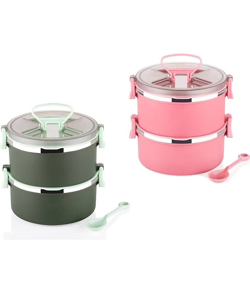 Dark Sun Kitchenware 2 Layer School/College/Office Stainless Steel Lunch Box 4 - Container ( Pack of 2 )