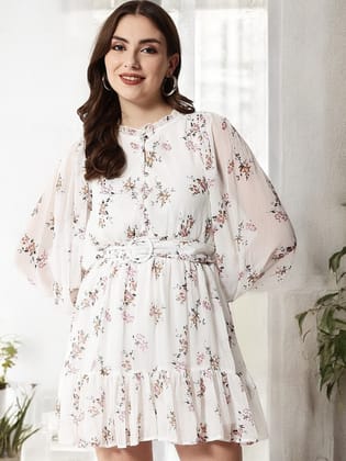 White Floral Ruffle Sleeve Dress-M