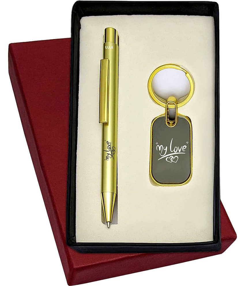 UJJi 2in1 My Love Set in Shiny Gold Color Retractable Pen & Metal Keychain