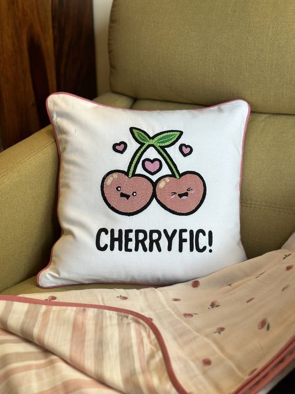 KRI India Tots Cherryfic Embroidered Cushion Cover | White with light pink embroidery  | 16x16 inches  | Wash & Care | 100% Cotton | Handcrafted in India. 100% organic & natural.