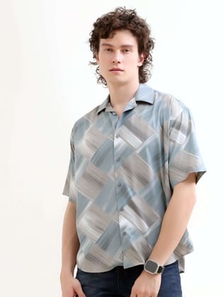 Minos Dusky Blue Printed Oversized Shirt-M