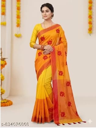 Traditional Shantipur Handloom Saree with Jaba Flower Motifs - Yellow & Orange Traditional Shantipur Handloom Saree with Jaba Flower Motifs - Yellow & Orange