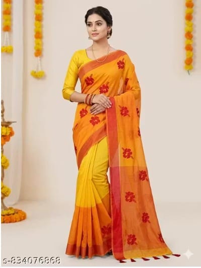 Traditional Shantipur Handloom Saree with Jaba Flower Motifs - Yellow & Orange