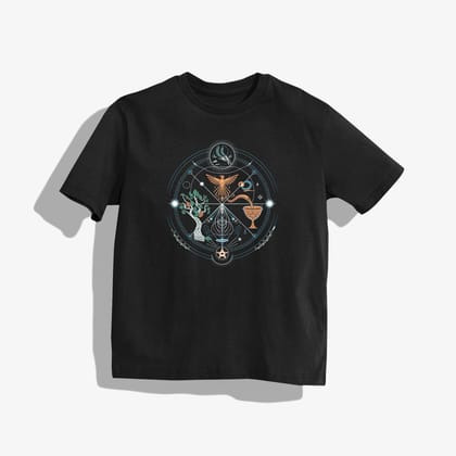 SACRED T-Shirt - Round Neck Drop Shoulder Graphic Printed Oversized Cotton T-shirt-S / Black