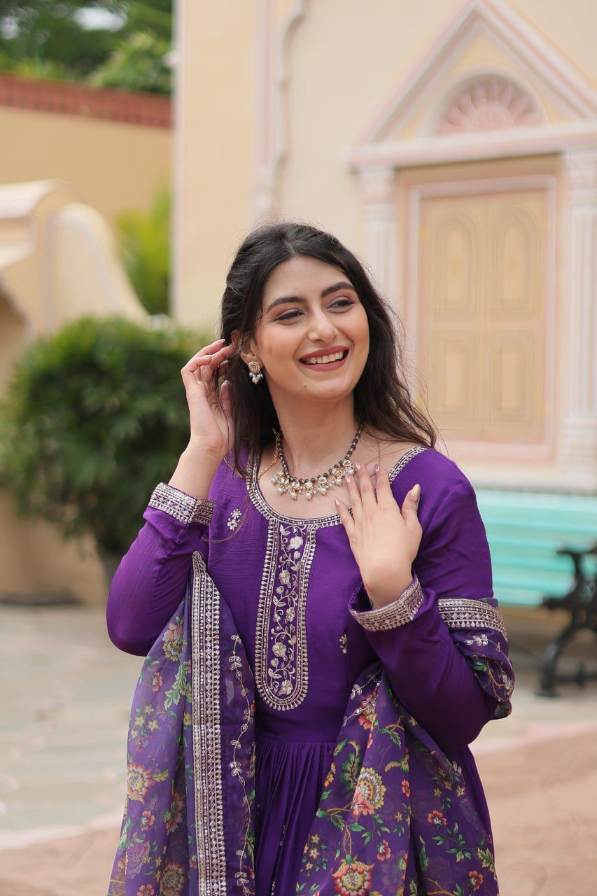 Chinon And Sequins Embroidered Work GOWN-WITH-DUPATTA COLLECTIONS-M