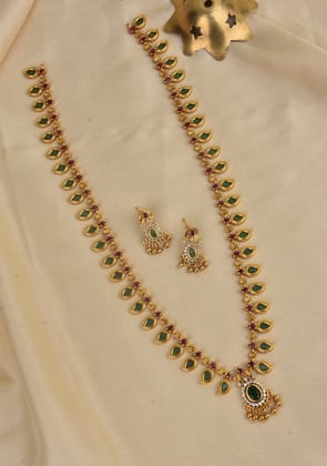 Premium Matt Finish Long Haram With Green Stones