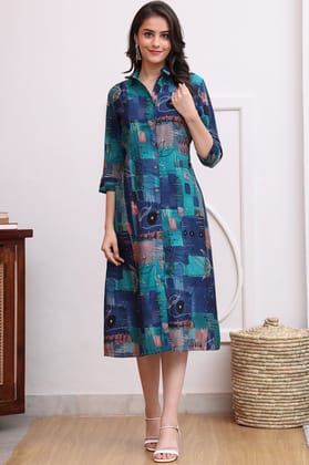 Blue Color Abstract Printed Chanderi Premium Ethnic Dress-S