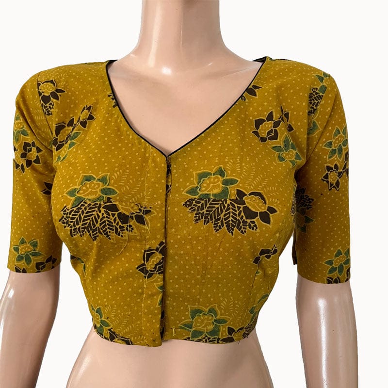 Ajrakh Cotton  V neck Blouse,   Mustard,  BA1145-S